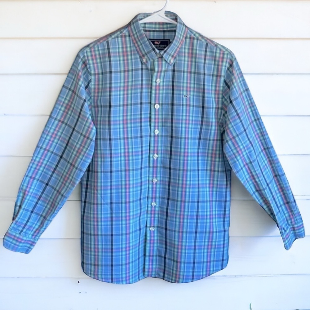 Vineyard Vines Williams Whale Shirt Blue and Pink Plaid Boys Size Large 16